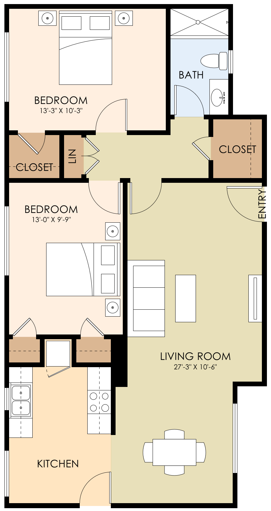 Floor plan for 2 beds, 1 bath, 916 sqft